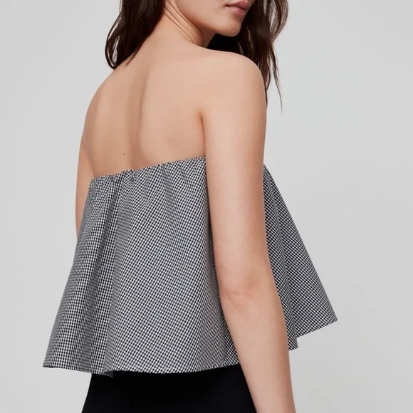 Aritzia Babaton Bandeau Ruffle Top Blouse Peplum Checkered Black White Size S - Picture 3 of 11